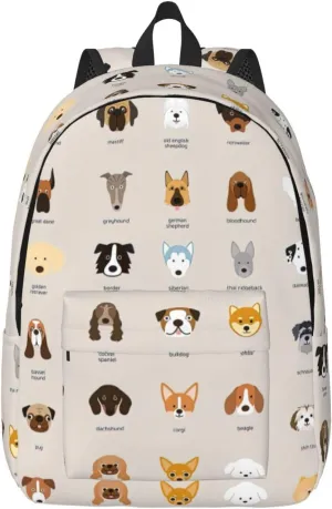 Dog Breed Canvas Backpack Laptop Travel Bag, Anti-Water and Ergonomic Straps for College Business Work
