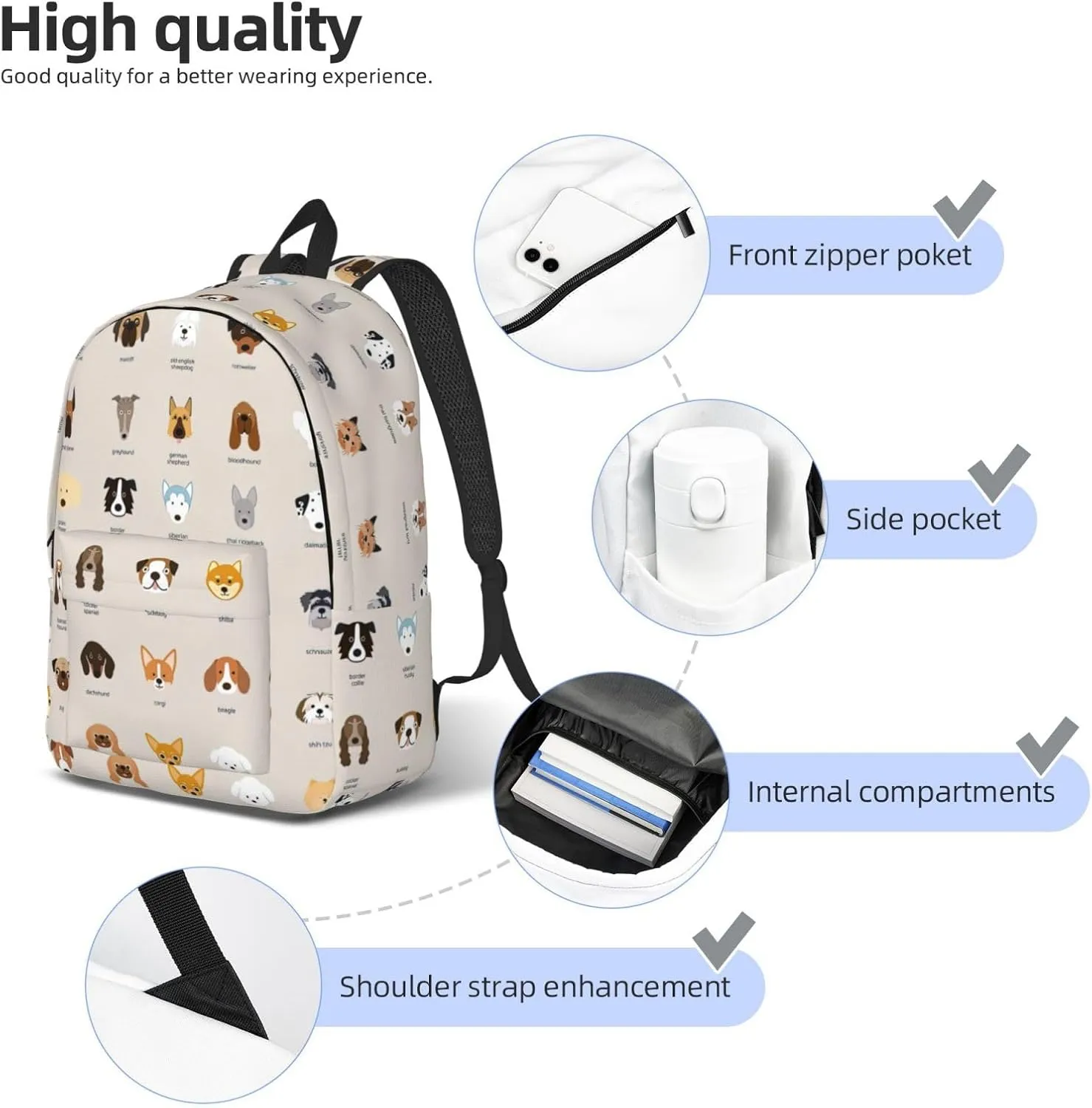 Dog Breed Canvas Backpack Laptop Travel Bag, Anti-Water and Ergonomic Straps for College Business Work