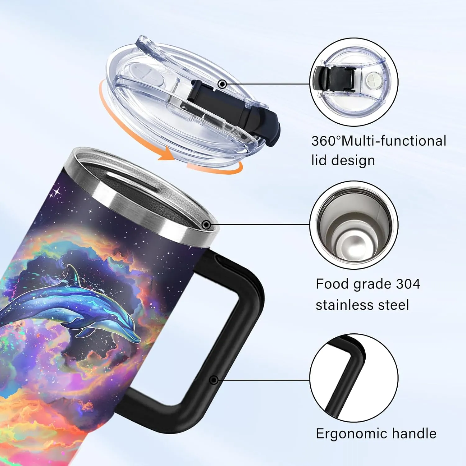 Dolphin Tumbler 40 OZ Ocean Themed Vacuum Insulated Travel Mug, Blue Ocean Dolphin Gift Coffee Cup for Marine Lovers Christmas Birthday Present