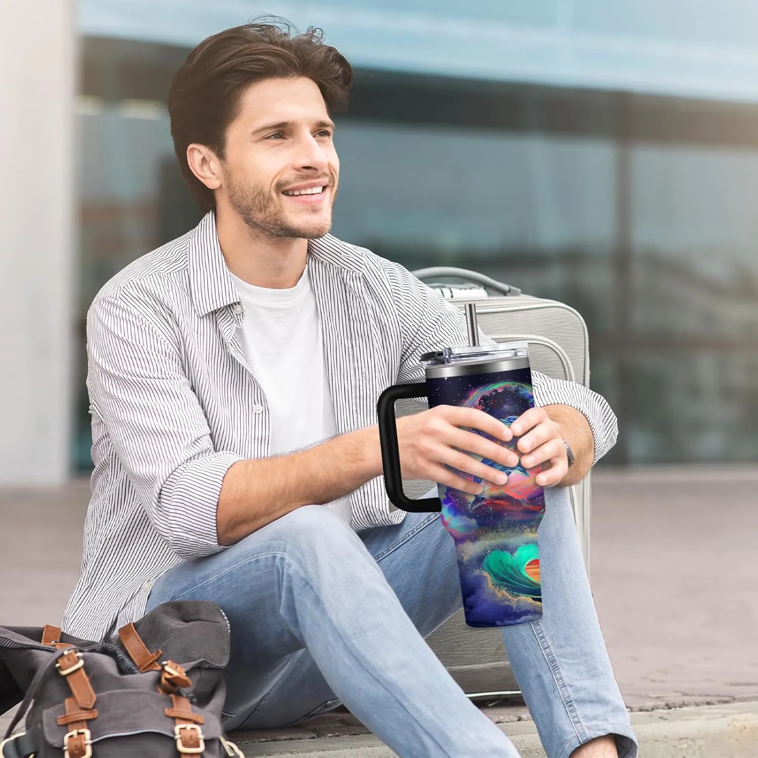 Dolphin Tumbler 40 OZ Ocean Themed Vacuum Insulated Travel Mug, Blue Ocean Dolphin Gift Coffee Cup for Marine Lovers Christmas Birthday Present