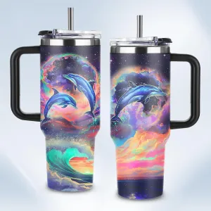 Dolphin Tumbler 40 OZ Ocean Themed Vacuum Insulated Travel Mug, Blue Ocean Dolphin Gift Coffee Cup for Marine Lovers Christmas Birthday Present
