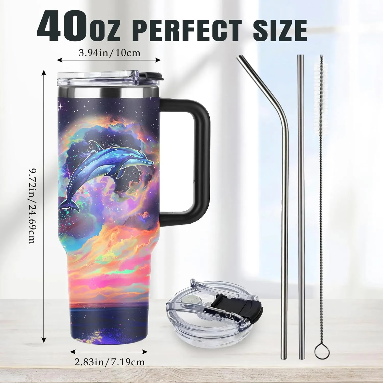 Dolphin Tumbler 40 OZ Ocean Themed Vacuum Insulated Travel Mug, Blue Ocean Dolphin Gift Coffee Cup for Marine Lovers Christmas Birthday Present