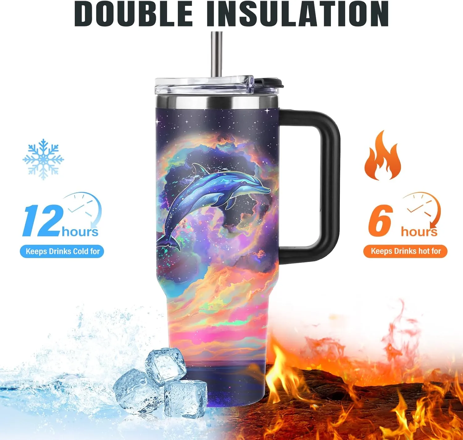 Dolphin Tumbler 40 OZ Ocean Themed Vacuum Insulated Travel Mug, Blue Ocean Dolphin Gift Coffee Cup for Marine Lovers Christmas Birthday Present