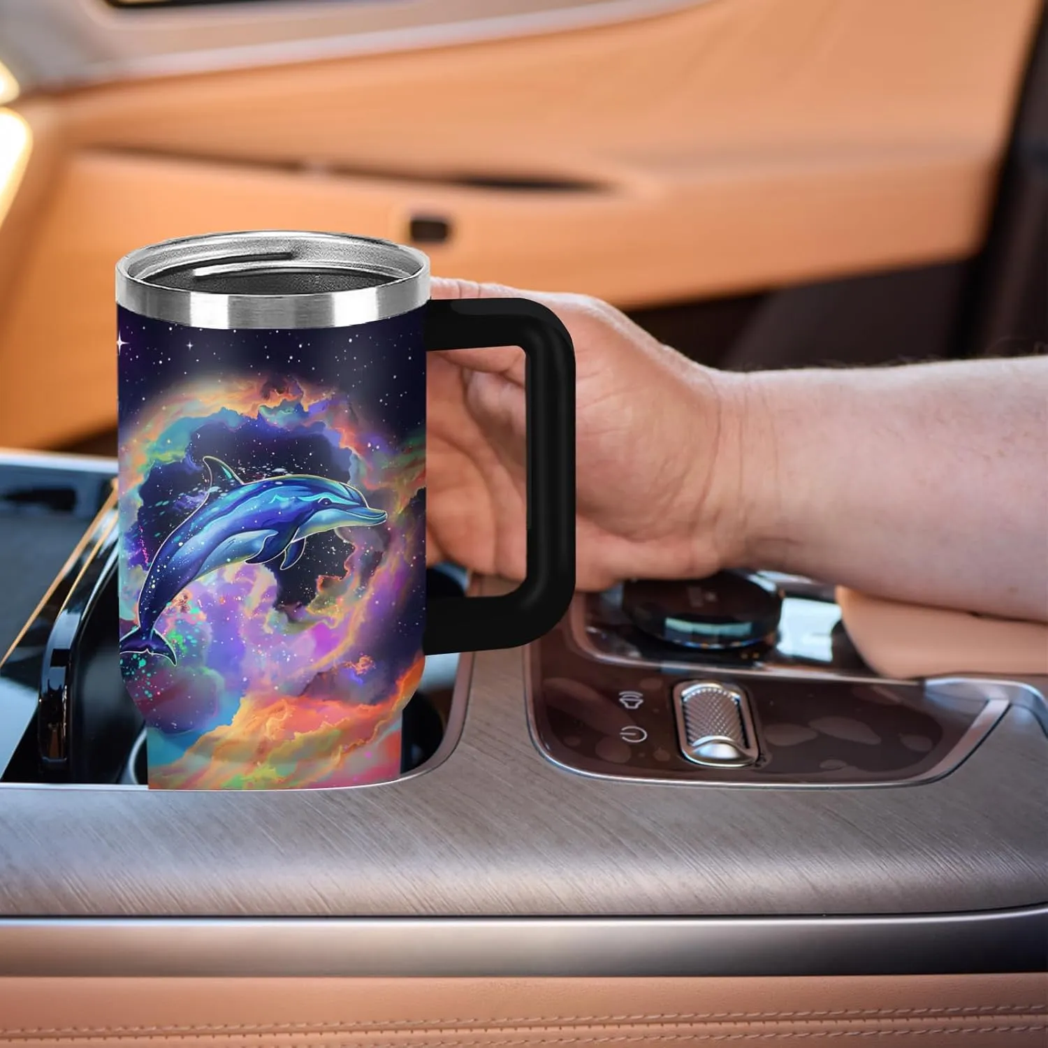 Dolphin Tumbler 40 OZ Ocean Themed Vacuum Insulated Travel Mug, Blue Ocean Dolphin Gift Coffee Cup for Marine Lovers Christmas Birthday Present
