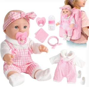 DONTNO 12 Inch Baby Doll with Clothes and Backpack Carrier,Newborn Doll Includes Clothes,Blanket,Pacifier,Bottle,First Gift for Toddlers 36 Months and Up