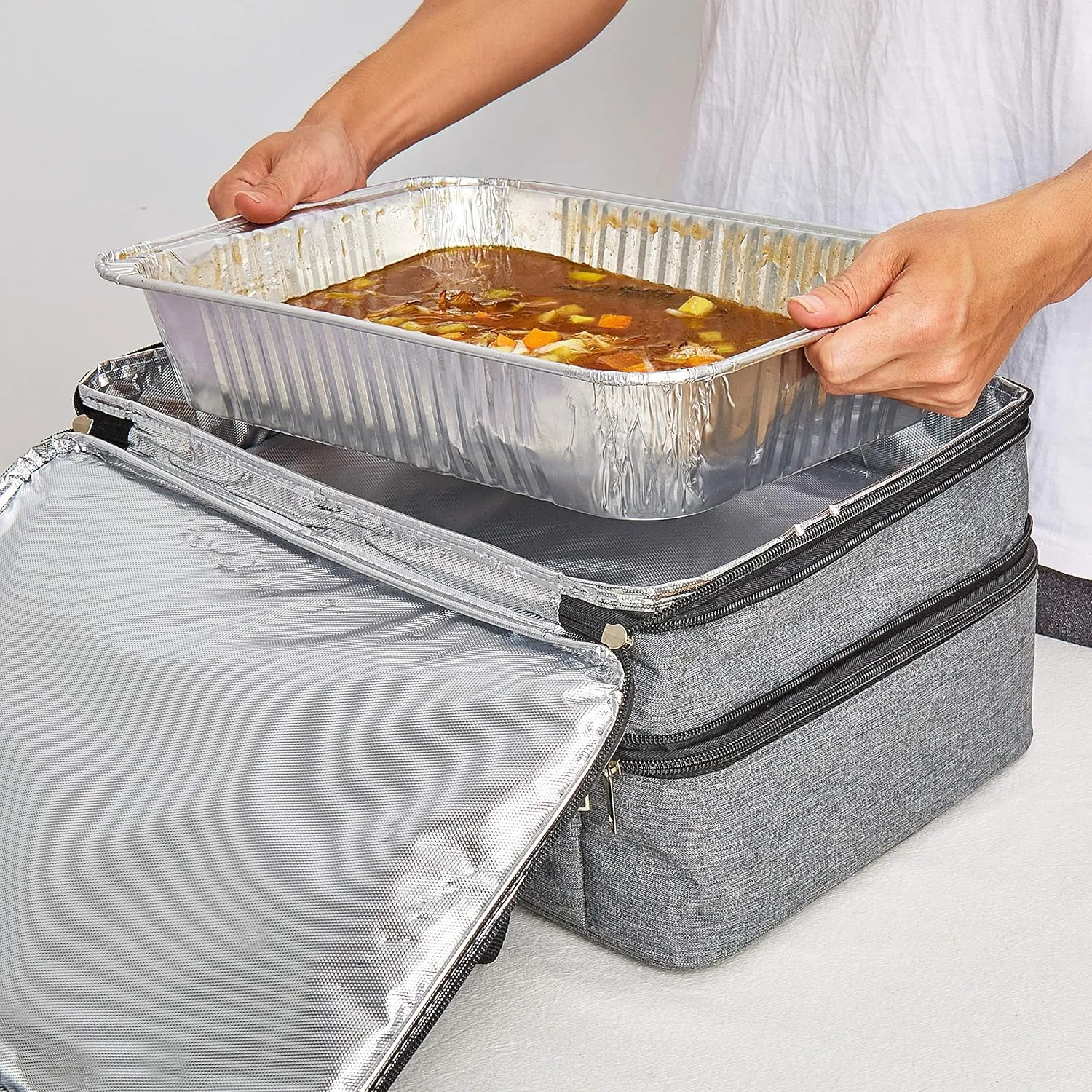 Double Insulated Casserole Carrier Fit 9"x13" Lasagna Lugger Baking Dish Pan for Hot or Cold Food Transport,Portable Thermal Reusable Lunch Warmer Tote Bag for Gathering,Camping,Cookouts,Parties-Gray