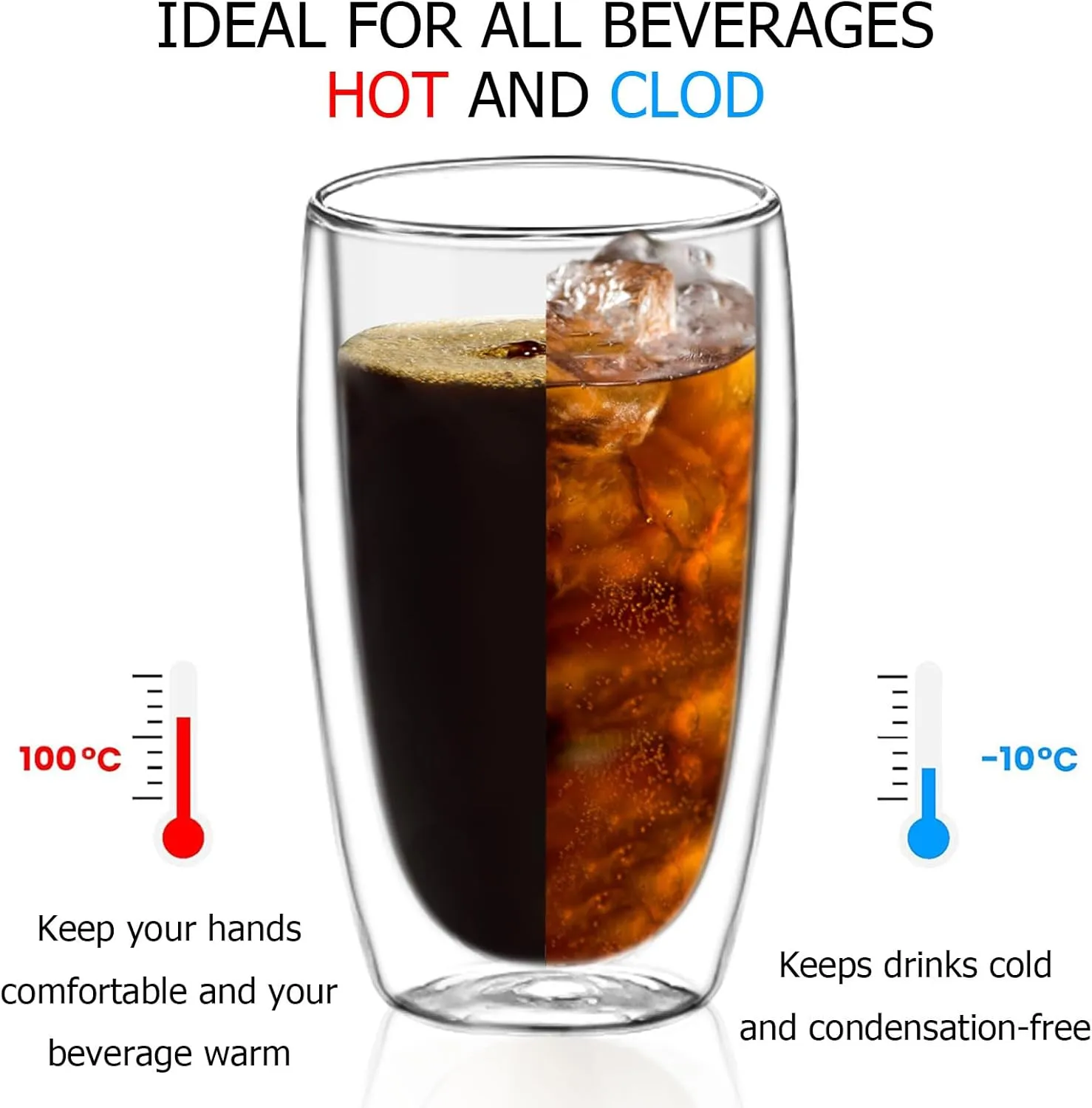 Double Wall Glass Coffee Mugs Set of 2, 16oz/450ml Insulated Glass Mugs for Hot Beverages, Large Clear Coffee Cups for Espresso, Tea, Latte, Cappuccino