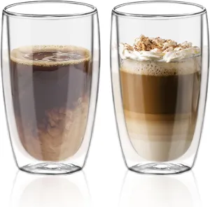 Double Wall Glass Coffee Mugs Set of 2, 16oz/450ml Insulated Glass Mugs for Hot Beverages, Large Clear Coffee Cups for Espresso, Tea, Latte, Cappuccino