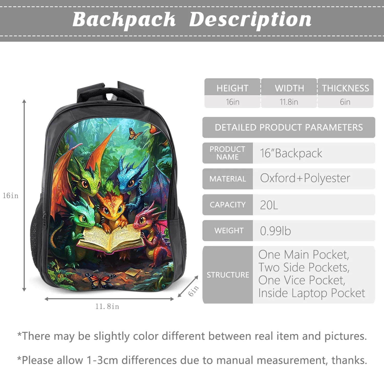 Dragon Backpack Kids Bookbag 16inch Schoolbag With Lunch Box Bag And Pencil Case Set For Boys Girls