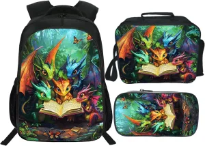 Dragon Backpack Kids Bookbag 16inch Schoolbag With Lunch Box Bag And Pencil Case Set For Boys Girls