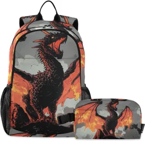 Dragon Roar Comic Backpack for School Girls Boys, Backpack for Women Men, Lightweight Bookbag with Lunch Box Travel Laptop Daypack 18.5” x 11.8”
