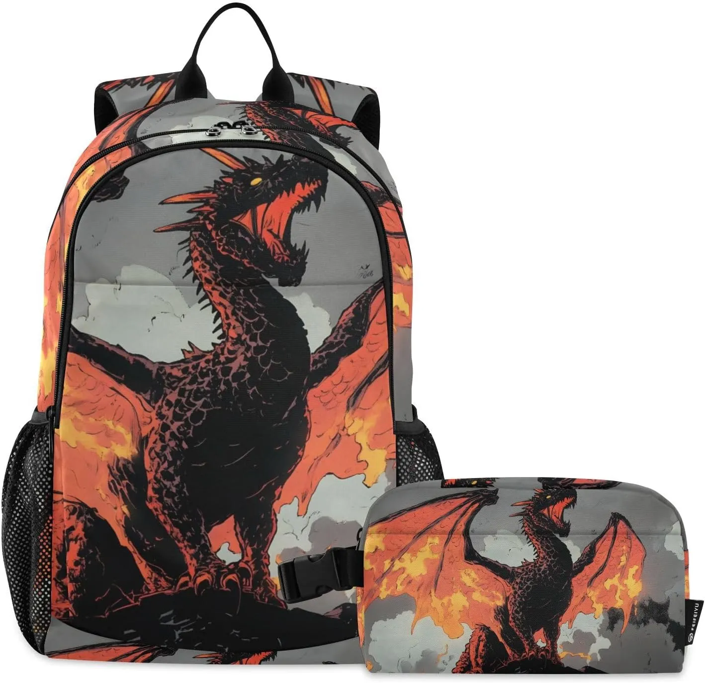 Dragon Roar Comic Backpack for School Girls Boys, Backpack for Women Men, Lightweight Bookbag with Lunch Box Travel Laptop Daypack 18.5” x 11.8”