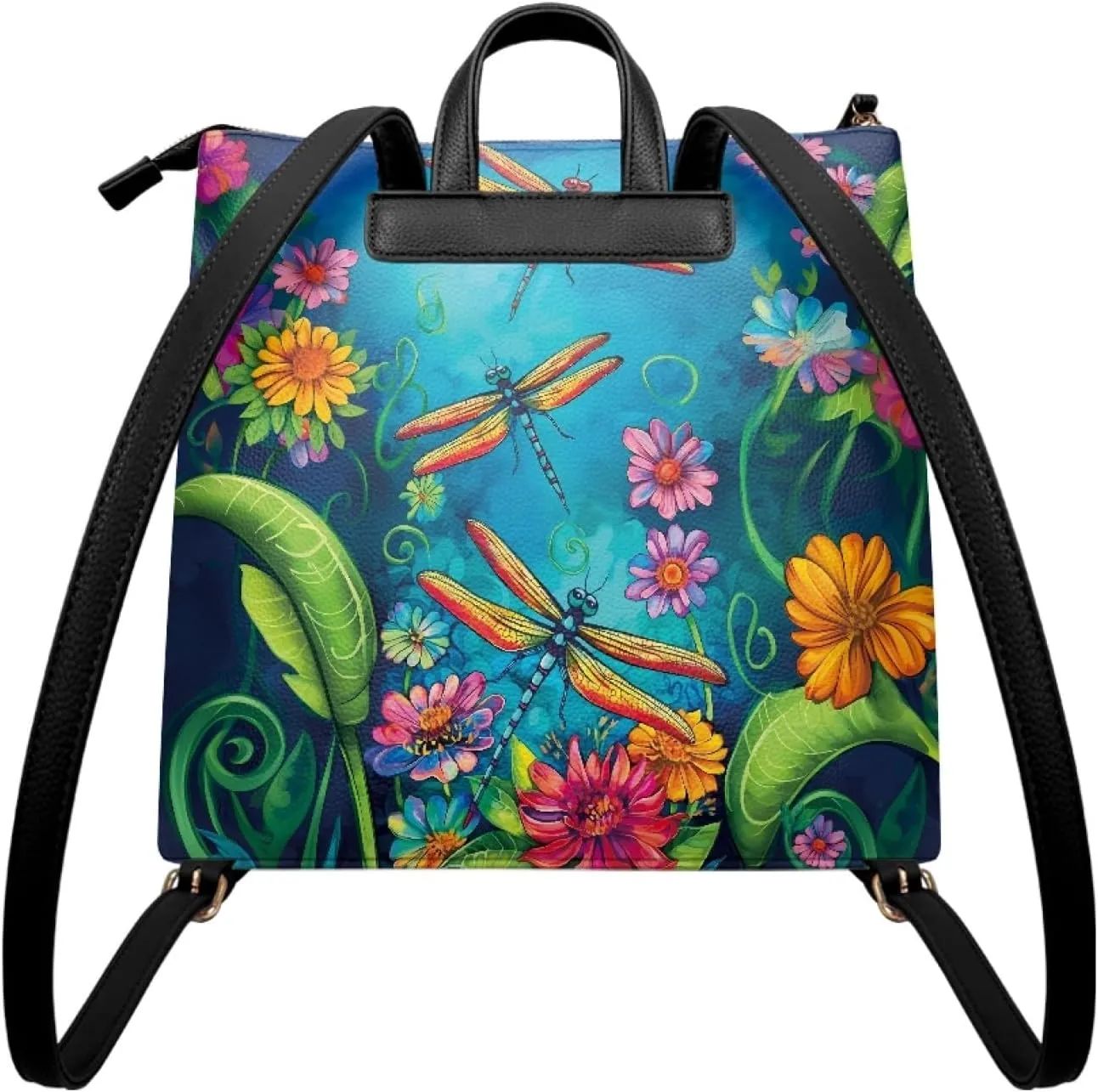 Dragonfly Print Backpack Purse for Women Anti-theft Flower Travel Backpack Lightweight Blue Shoulder Bag