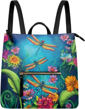 Dragonfly Print Backpack Purse for Women Anti-theft Flower Travel Backpack Lightweight Blue Shoulder Bag