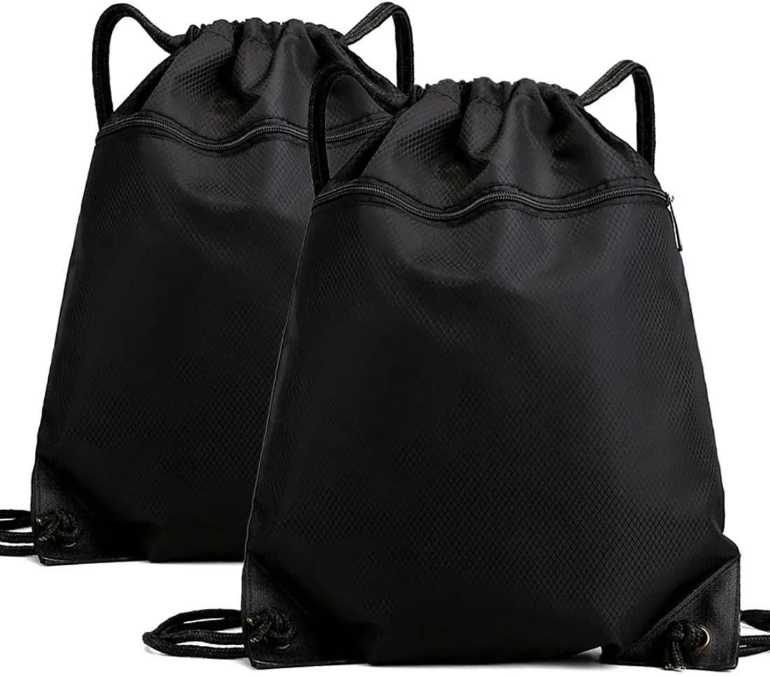 Drawstring Backpack Bag, Waterproof Draw String Back Sack with Zipper Pocket, Gym Drawstring Backpack Swimming Bag for Men Women, Pack of 2, Black