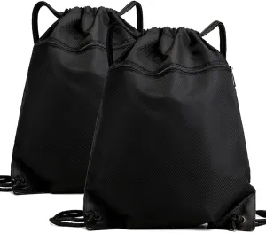 Drawstring Backpack Bag, Waterproof Draw String Back Sack with Zipper Pocket, Gym Drawstring Backpack Swimming Bag for Men Women, Pack of 2, Black