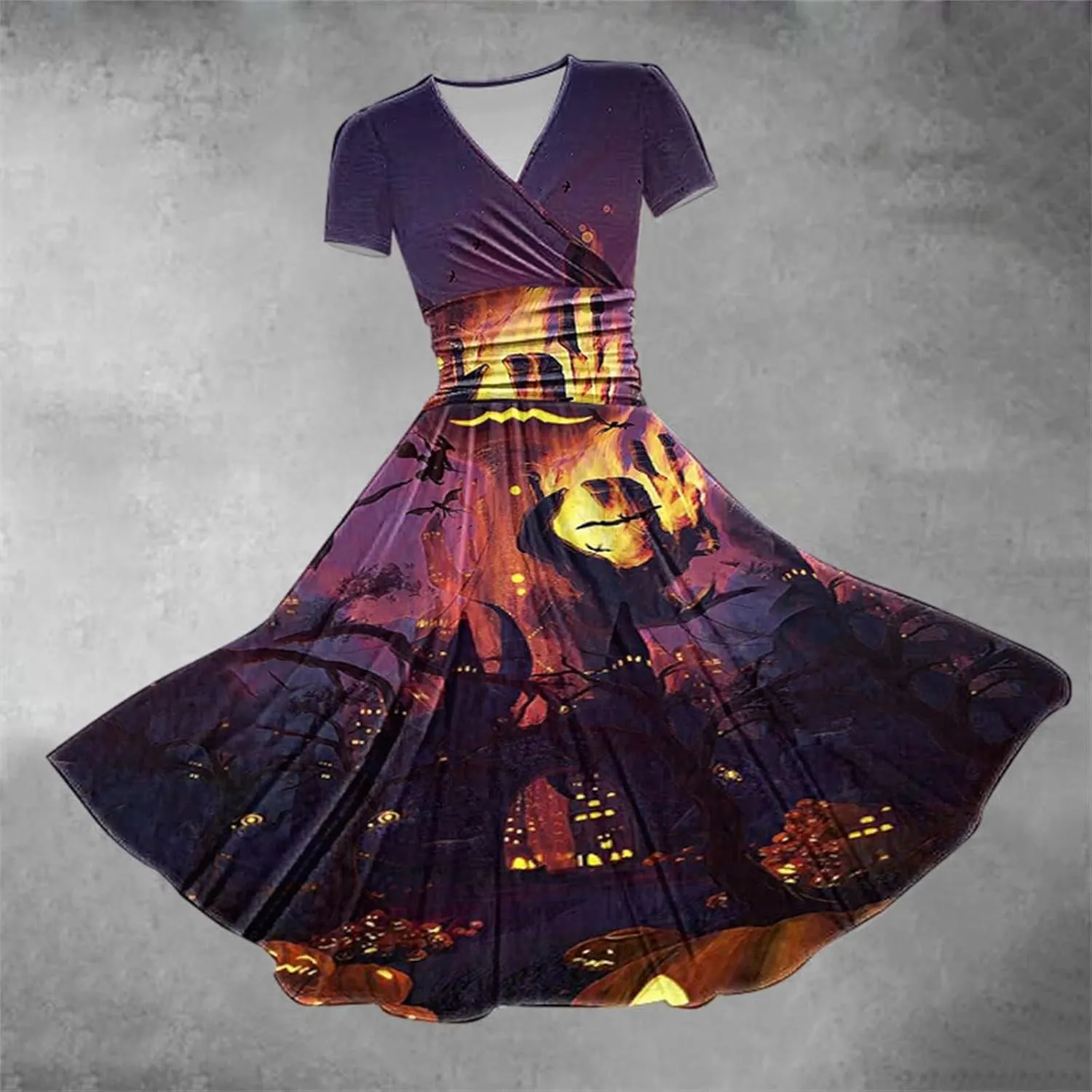Dress Christmas Printed V Neck Short Sleeve Casual Dresses Halloween Costumes Dress Witch Costume Women Womens
