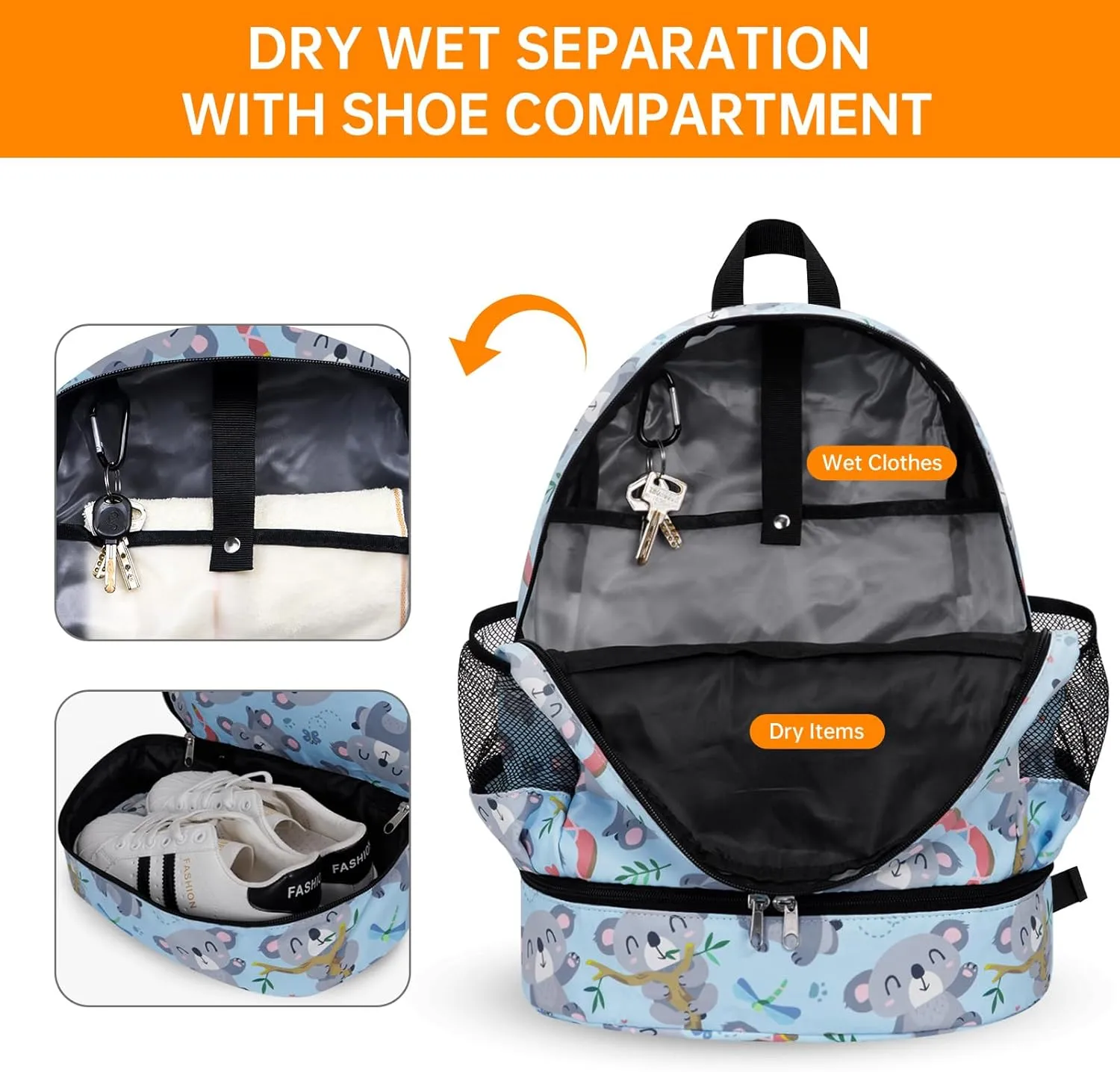 Dry Wet Gym Backpack with Shoe Compartment for Women Men Packable Anti-Water Sports Bag for Swimming Beach Yoga Travel, Koala