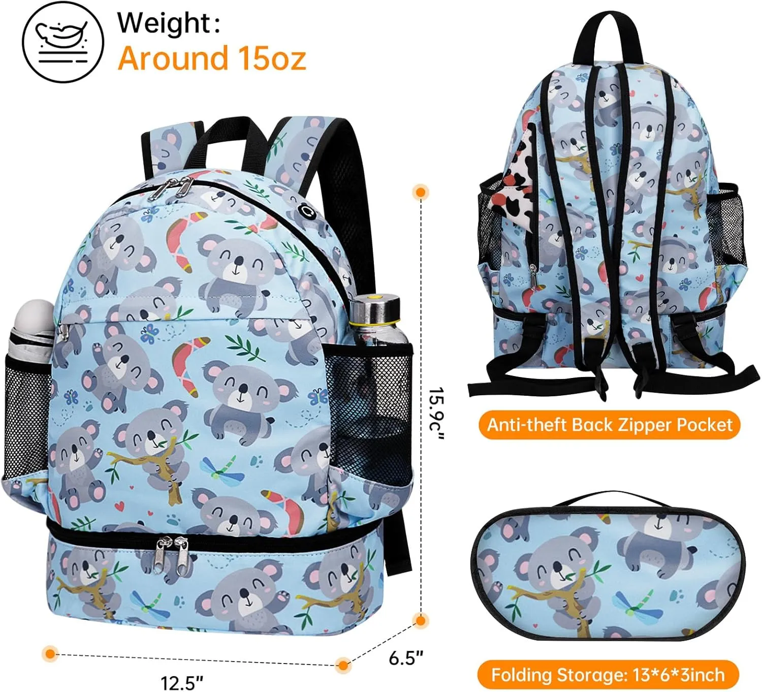 Dry Wet Gym Backpack with Shoe Compartment for Women Men Packable Anti-Water Sports Bag for Swimming Beach Yoga Travel, Koala