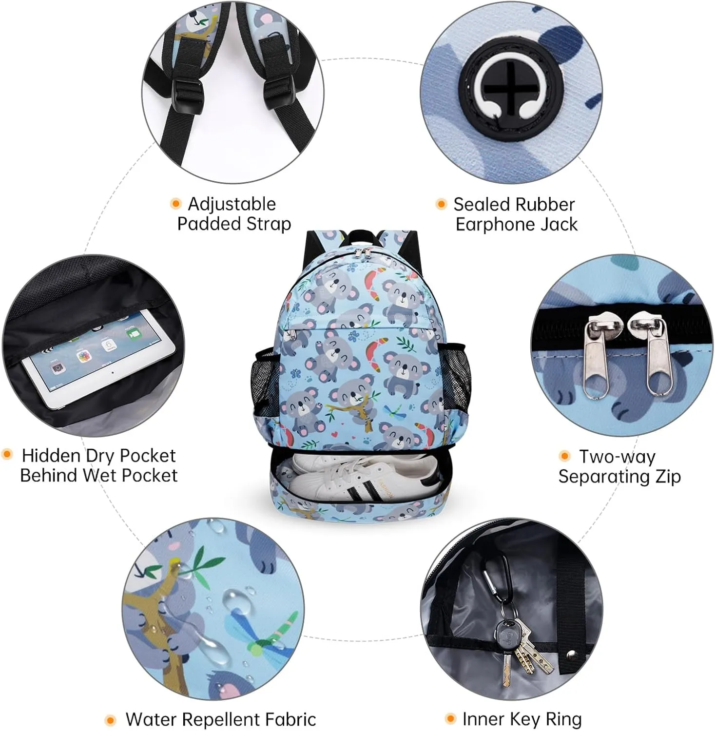 Dry Wet Gym Backpack with Shoe Compartment for Women Men Packable Anti-Water Sports Bag for Swimming Beach Yoga Travel, Koala