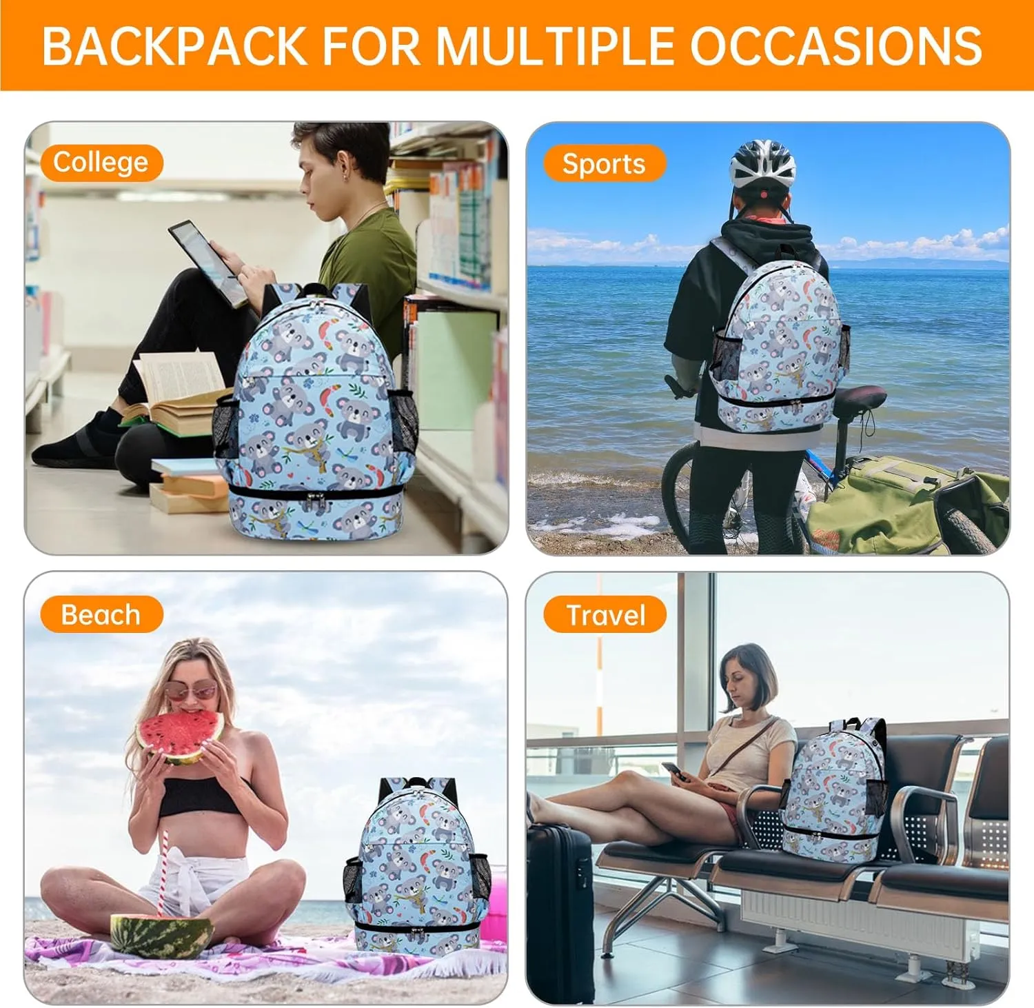 Dry Wet Gym Backpack with Shoe Compartment for Women Men Packable Anti-Water Sports Bag for Swimming Beach Yoga Travel, Koala