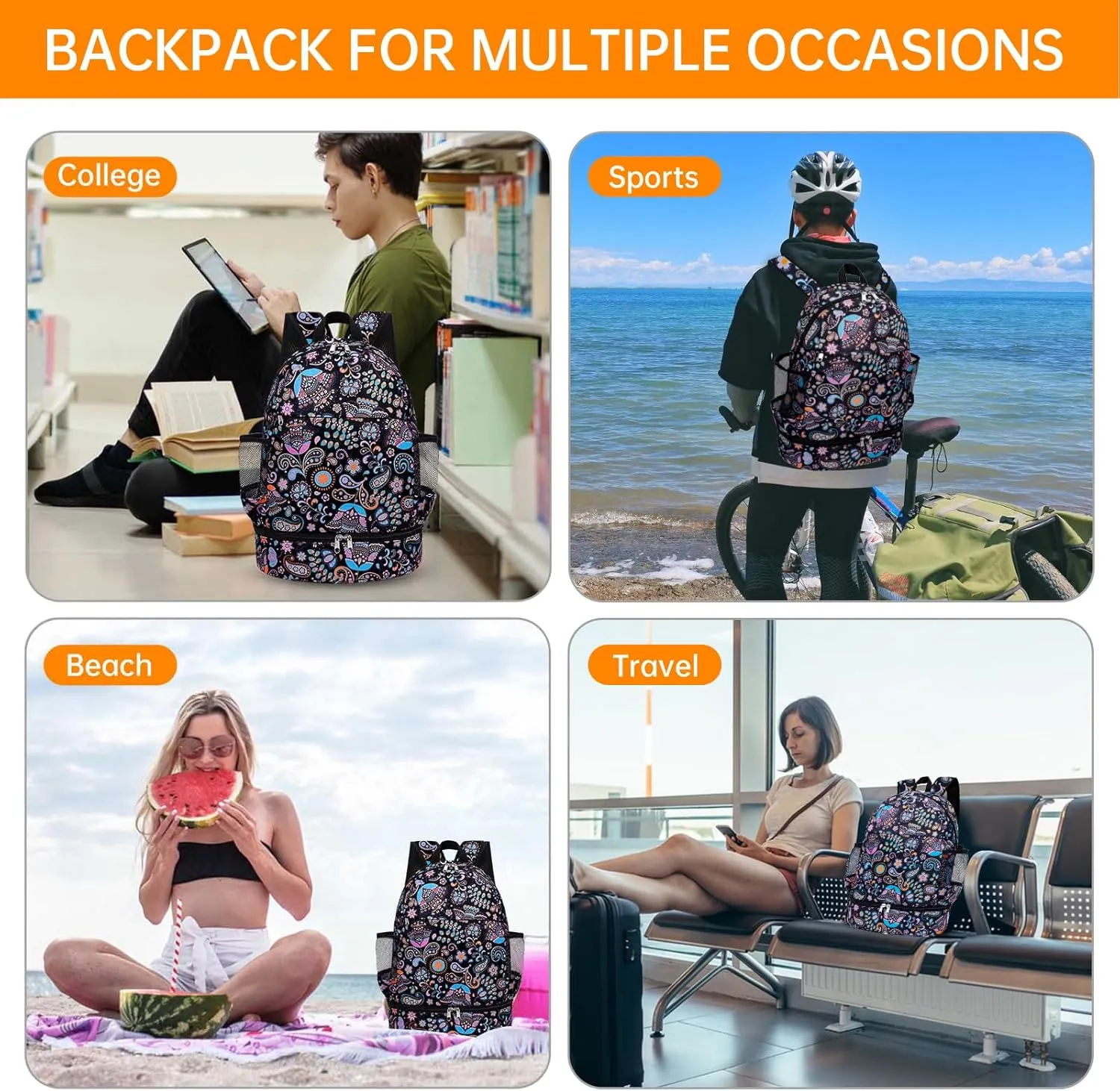 Dry Wet Gym Backpack with Shoe Compartment for Women Men Packable Anti-Water Sports Bag for Swimming Beach Yoga Travel, Paisley
