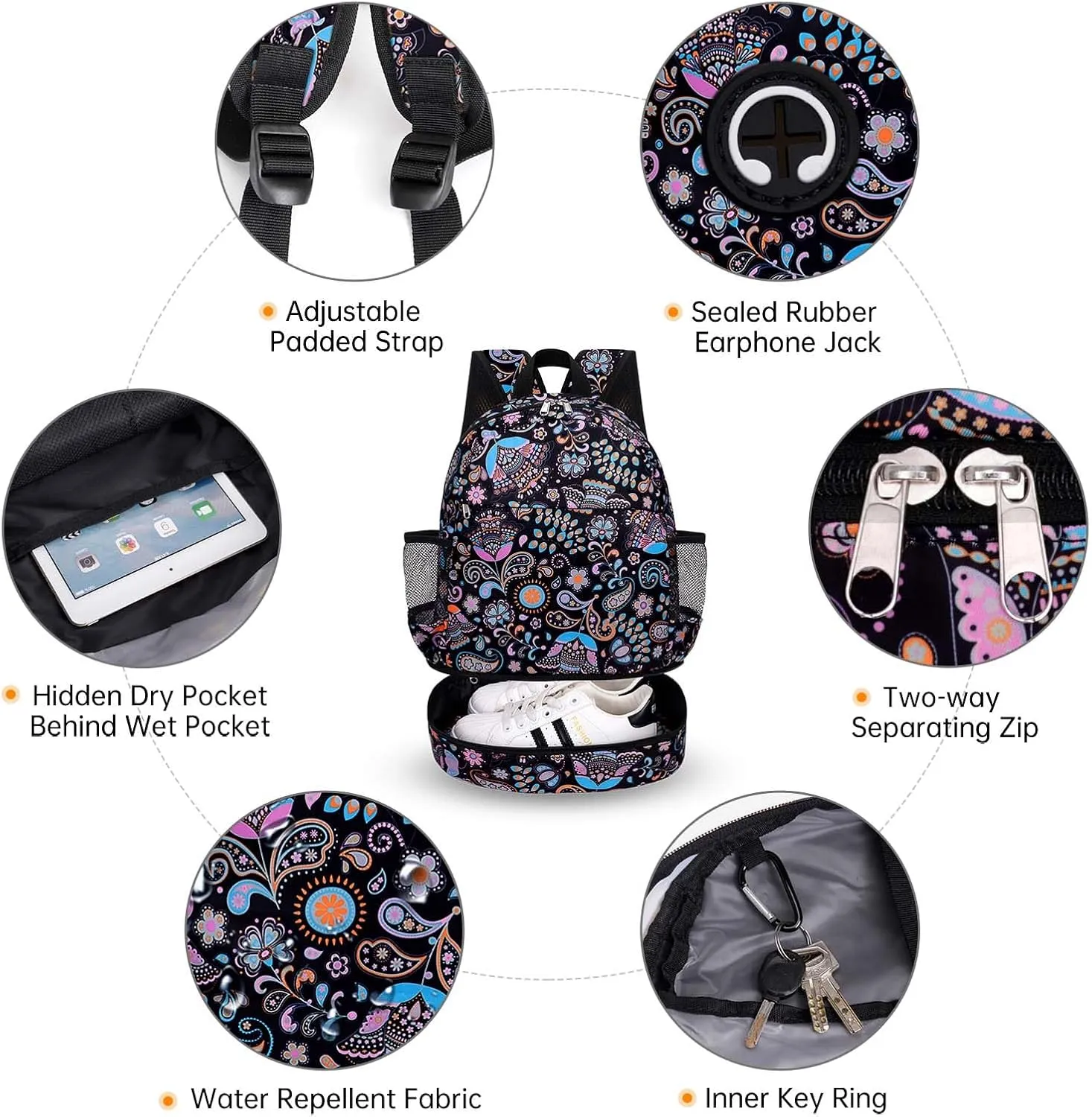 Dry Wet Gym Backpack with Shoe Compartment for Women Men Packable Anti-Water Sports Bag for Swimming Beach Yoga Travel, Paisley