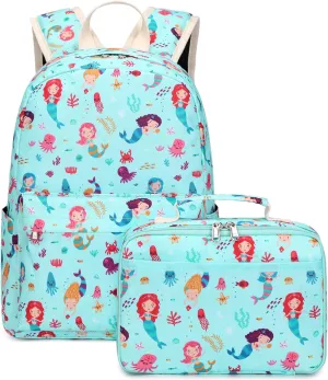 DSIUE Backpack for Girls Kids Backpack with Lunch Box Mermaid Preschool Kindergarten Back Pack Bookbags with Chest Strap