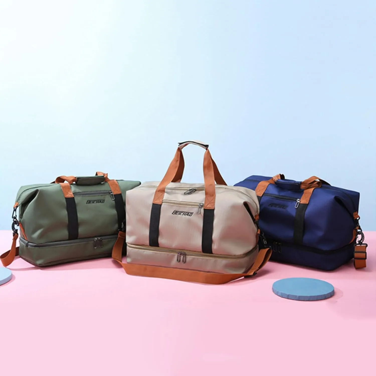Duffle Bag with Independent Shoe Holder,Large Capacity,Canvas Material,Reusable Strong Load Bearing Multi-pocket Storage Splash-proof Dry Wet Outdoor Fitness Bag Travel Supplies for Men Women Khaki