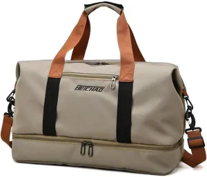 Duffle Bag with Independent Shoe Holder,Large Capacity,Canvas Material,Reusable Strong Load Bearing Multi-pocket Storage Splash-proof Dry Wet Outdoor Fitness Bag Travel Supplies for Men Women Khaki