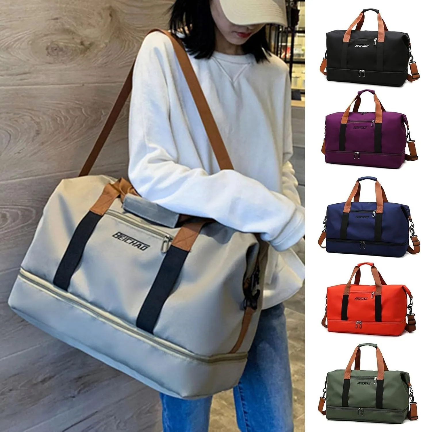 Duffle Bag with Independent Shoe Holder,Large Capacity,Canvas Material,Reusable Strong Load Bearing Multi-pocket Storage Splash-proof Dry Wet Outdoor Fitness Bag Travel Supplies for Men Women Khaki