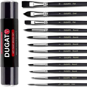 DUGATO 12pc Artist Paint Brush Set - Professional Synthetic Bristles (Round, Flat, Liner, Oval) for Watercolor, Acrylic, Oil, Gouache, Miniatures & Crafts