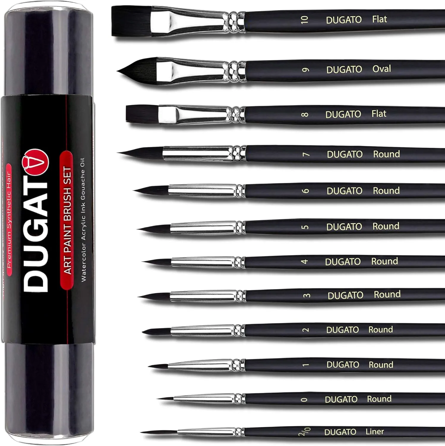 DUGATO 12pc Artist Paint Brush Set - Professional Synthetic Bristles (Round, Flat, Liner, Oval) for Watercolor, Acrylic, Oil, Gouache, Miniatures & Crafts