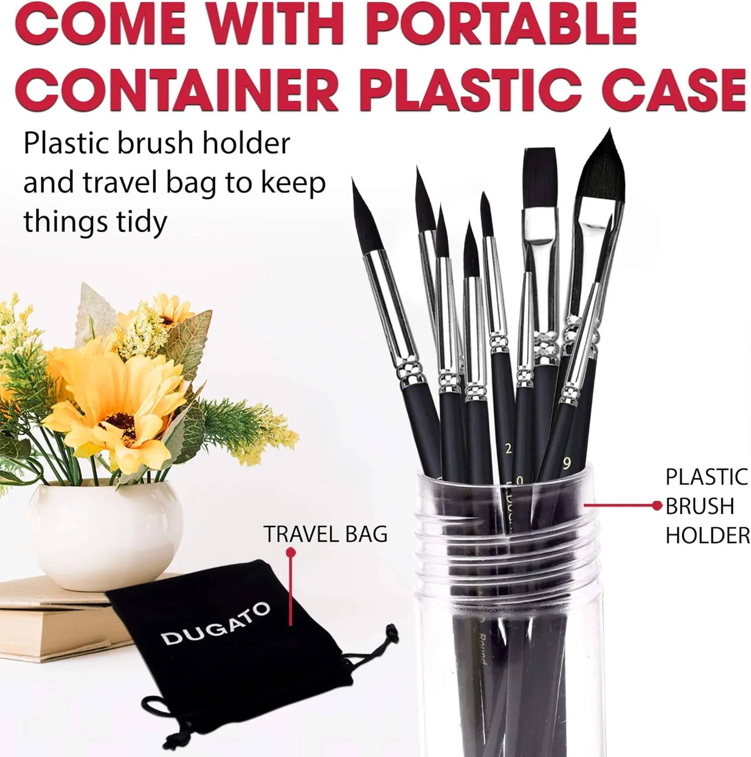 DUGATO 12pc Artist Paint Brush Set - Professional Synthetic Bristles (Round, Flat, Liner, Oval) for Watercolor, Acrylic, Oil, Gouache, Miniatures & Crafts