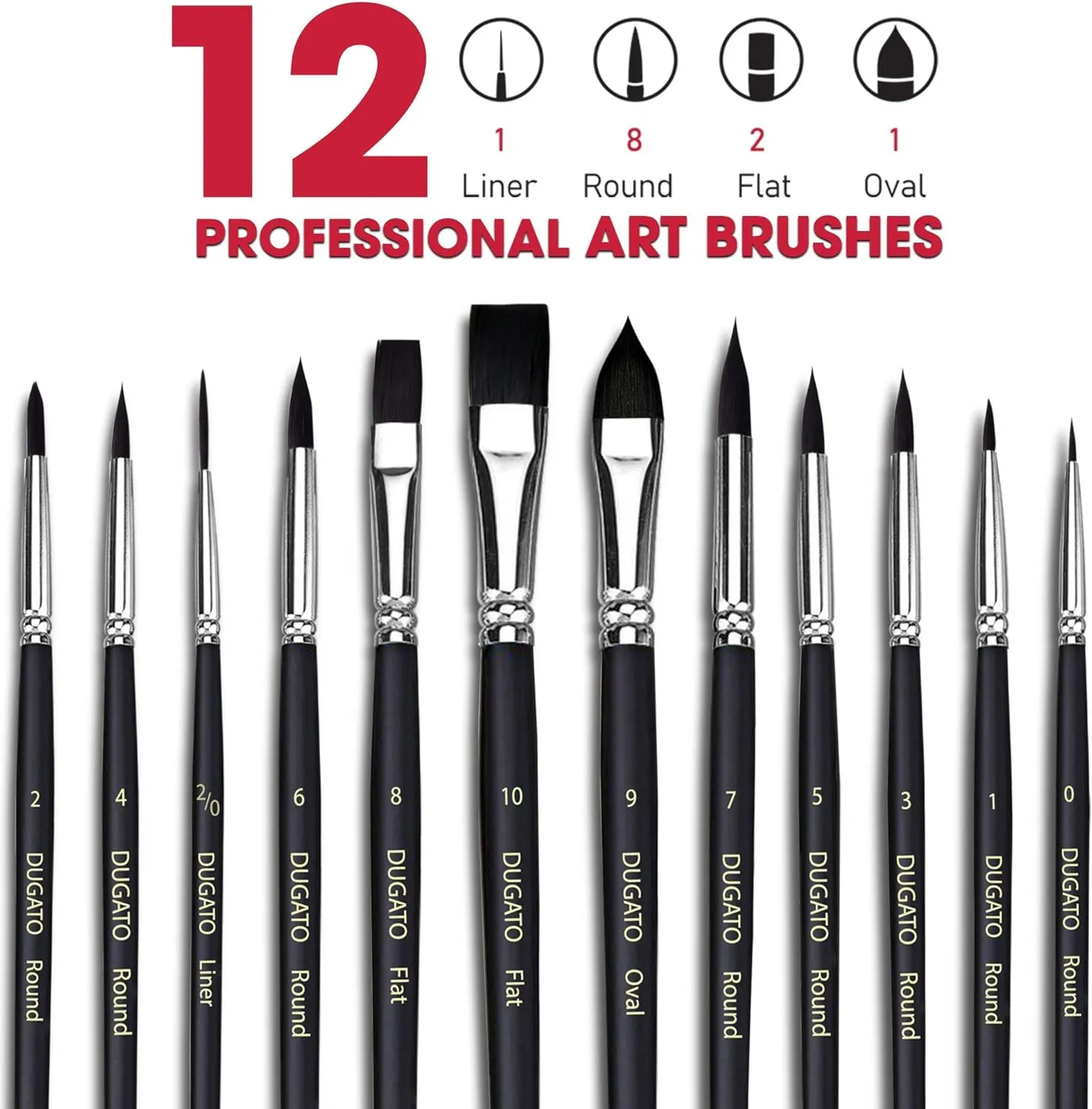 DUGATO 12pc Artist Paint Brush Set - Professional Synthetic Bristles (Round, Flat, Liner, Oval) for Watercolor, Acrylic, Oil, Gouache, Miniatures & Crafts