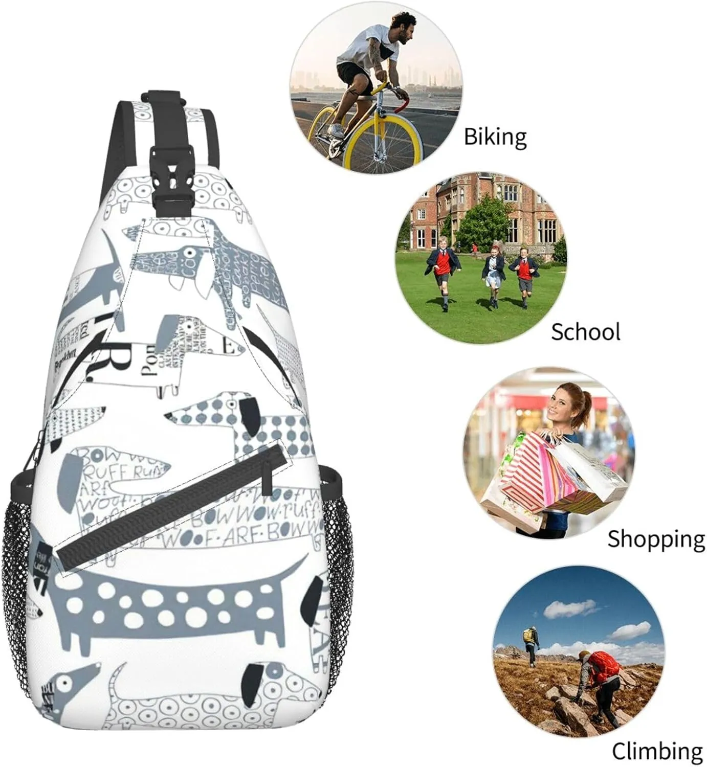 Durable Adjustable Outdoor Hiking Cute Dachshund Dog Print Cross Chest Bag Diagonally Single Shoulder Backpack