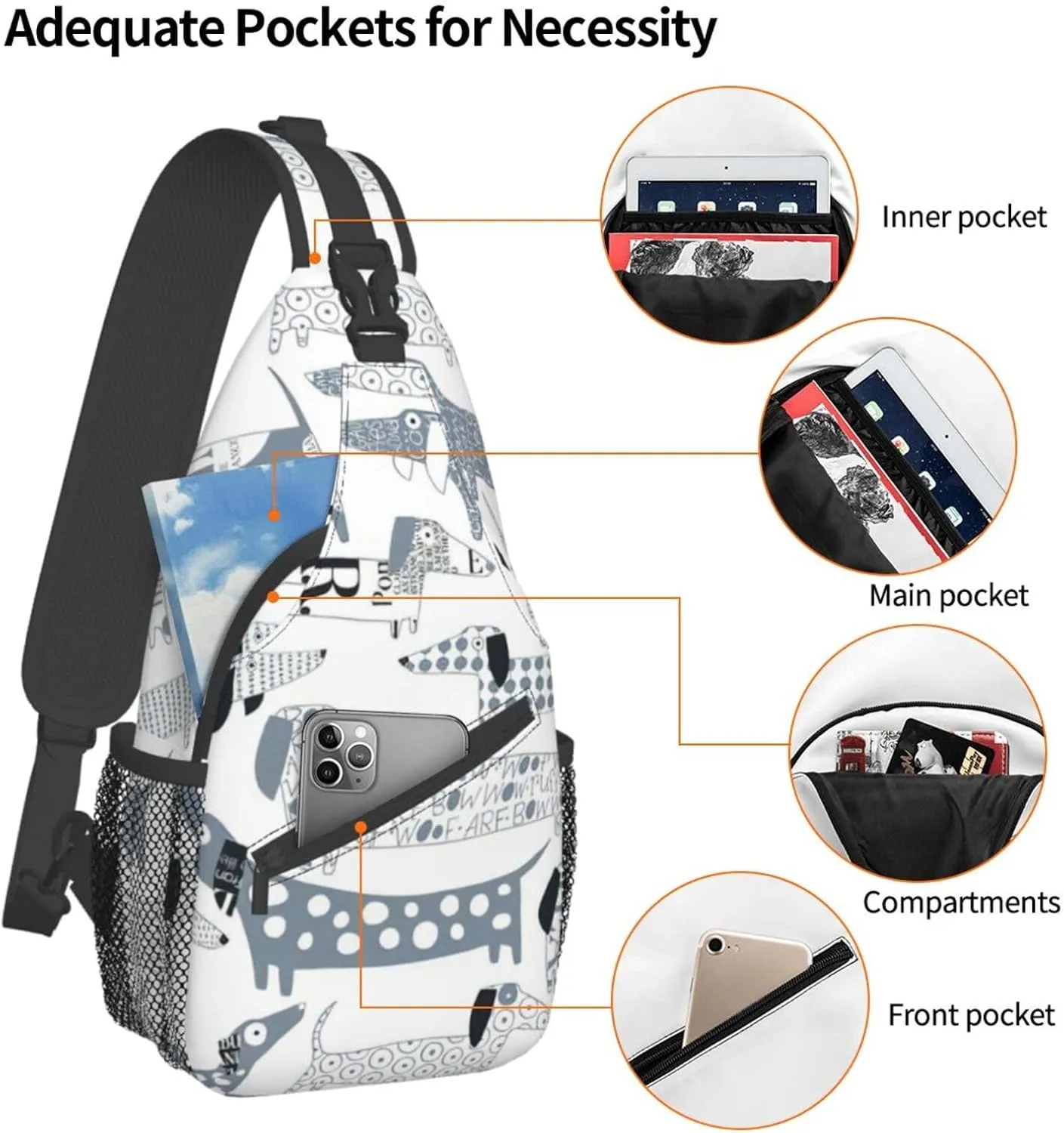 Durable Adjustable Outdoor Hiking Cute Dachshund Dog Print Cross Chest Bag Diagonally Single Shoulder Backpack