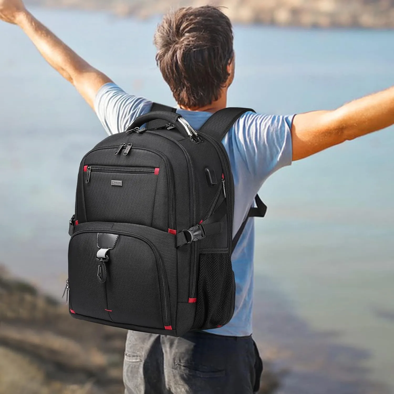 DUSLANG 50L Travel Laptop Backpack for Men Women, Extra Large Heavy Duty Big Carry on Backpack for Weekend Airline Approved Fits 17 Inch Computer, Black