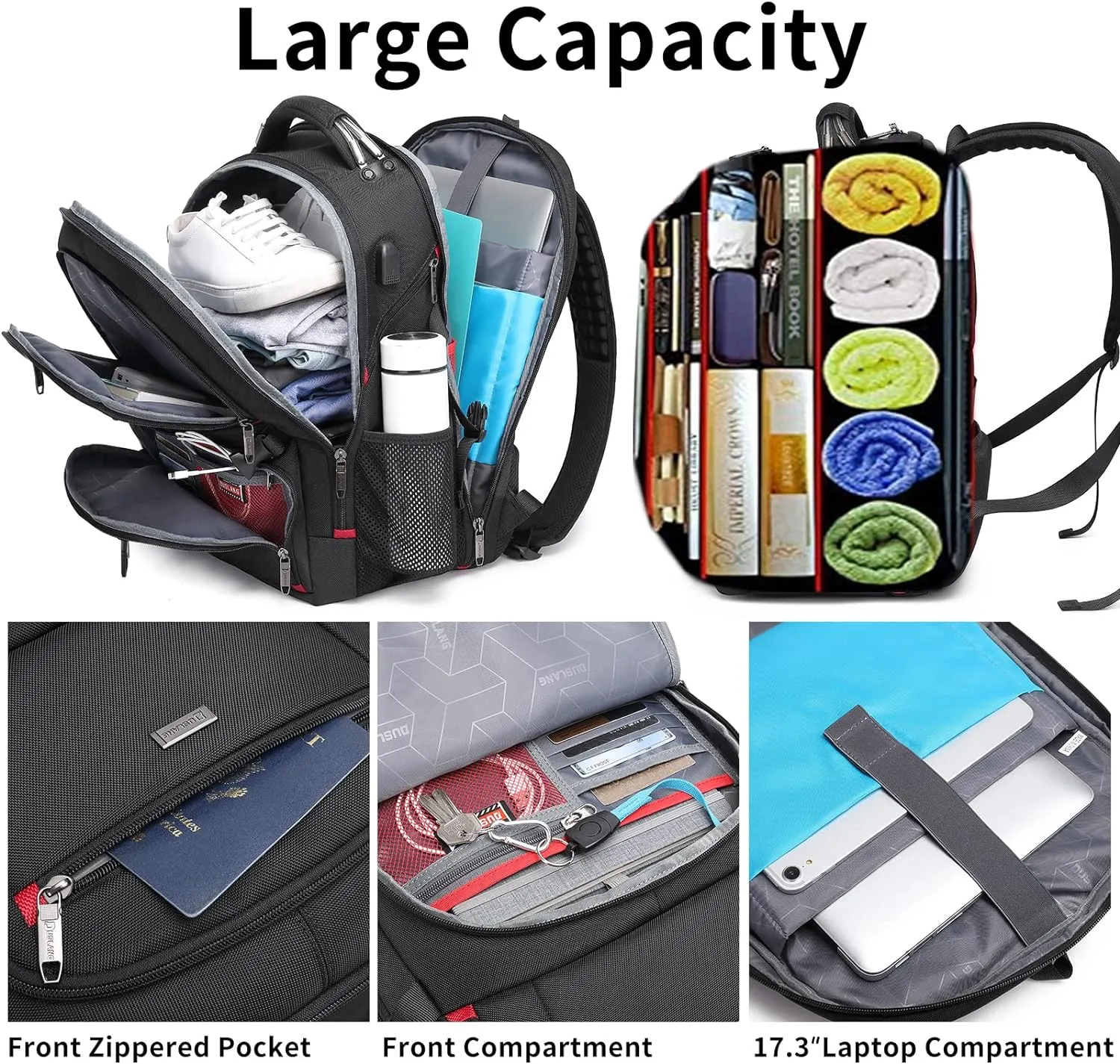 DUSLANG 50L Travel Laptop Backpack for Men Women, Extra Large Heavy Duty Big Carry on Backpack for Weekend Airline Approved Fits 17 Inch Computer, Black