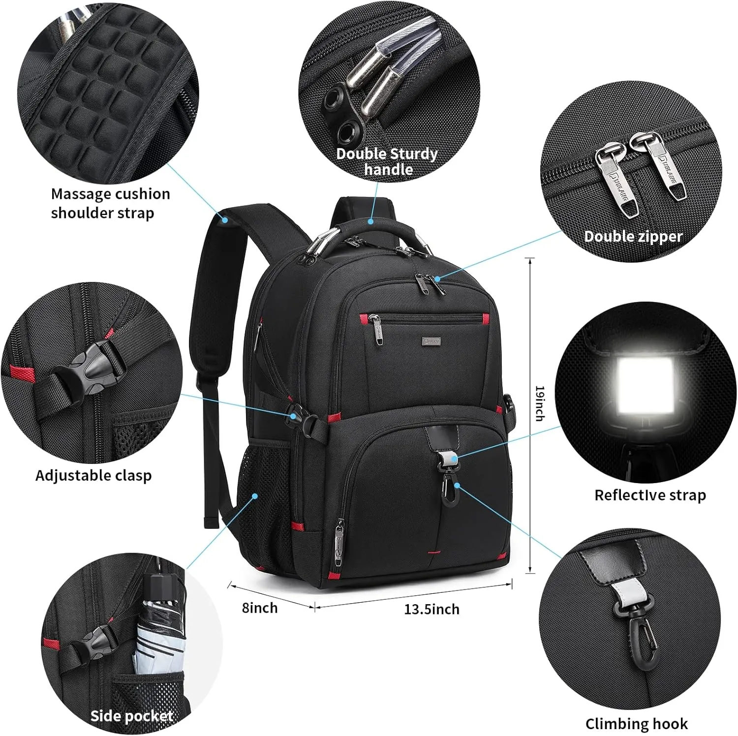 DUSLANG 50L Travel Laptop Backpack for Men Women, Extra Large Heavy Duty Big Carry on Backpack for Weekend Airline Approved Fits 17 Inch Computer with shoes storage bag, Black