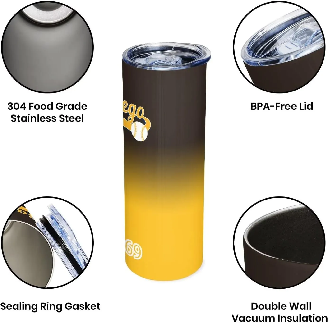 EBBUGAS San Diego EST 1969 Tumblers 20oz Straight Skinny Car Cups Sports Travel Coffee Mug, Stainless Steel, Insulated,Classic Collection Gifts for Men Women Fans.