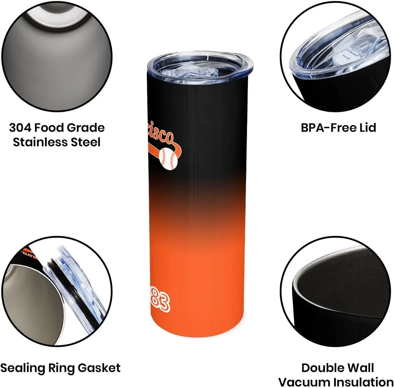 EBBUGAS San Francisco EST 1883 Tumblers 20oz Straight Skinny Car Cups Sports Travel Coffee Mug, Stainless Steel, Insulated,Classic Collection Gifts for Men Women Fans.