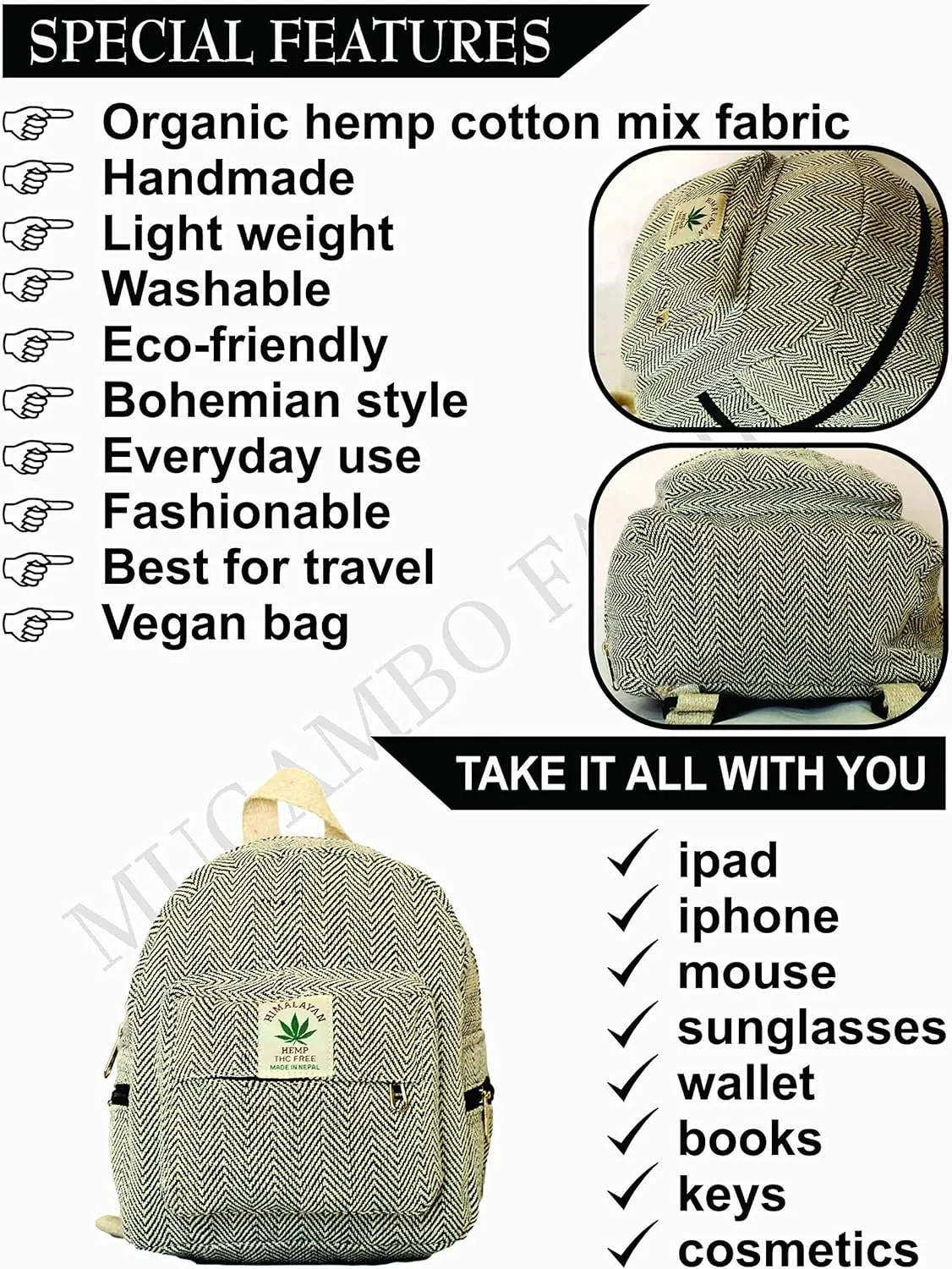 Eco Friendly Mini Backpack For Women Handmade Hemp Backpack For Women organic Beautiful Small Backpack