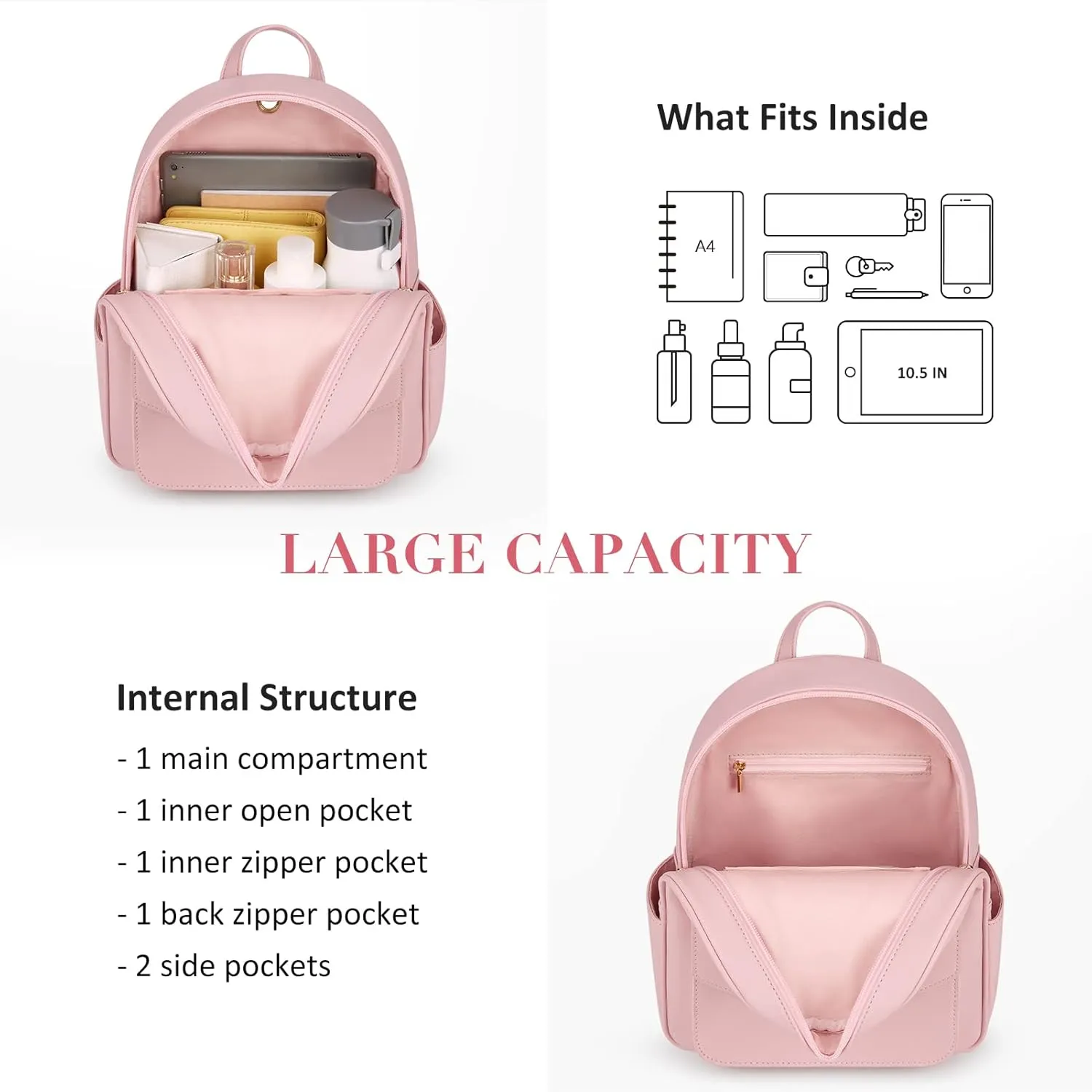 ECOSUSI Women Backpack Purse Water Resistant PU Leather Backpack Fashion Rucksack Ladies College Daypack with Tassel,2 Pcs