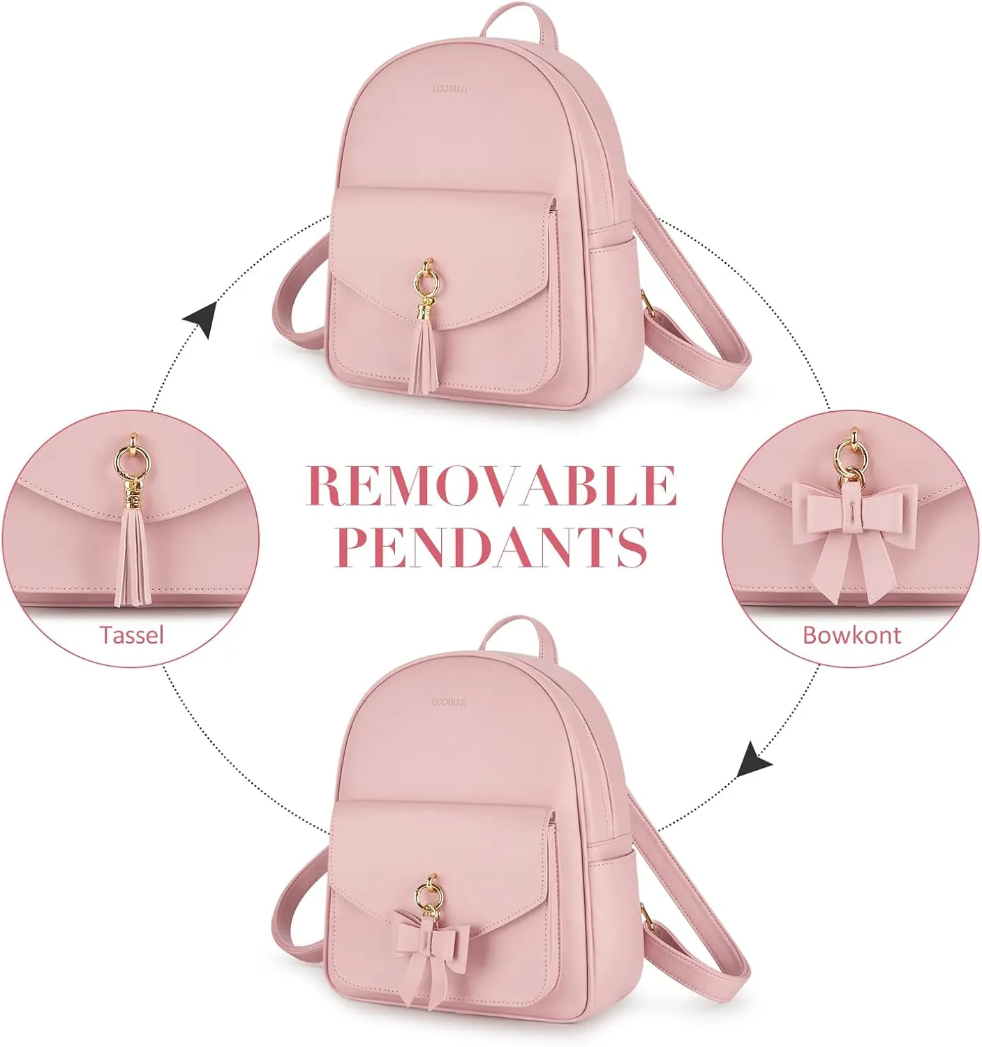 ECOSUSI Women Backpack Purse Water Resistant PU Leather Backpack Fashion Rucksack Ladies College Daypack with Tassel,2 Pcs