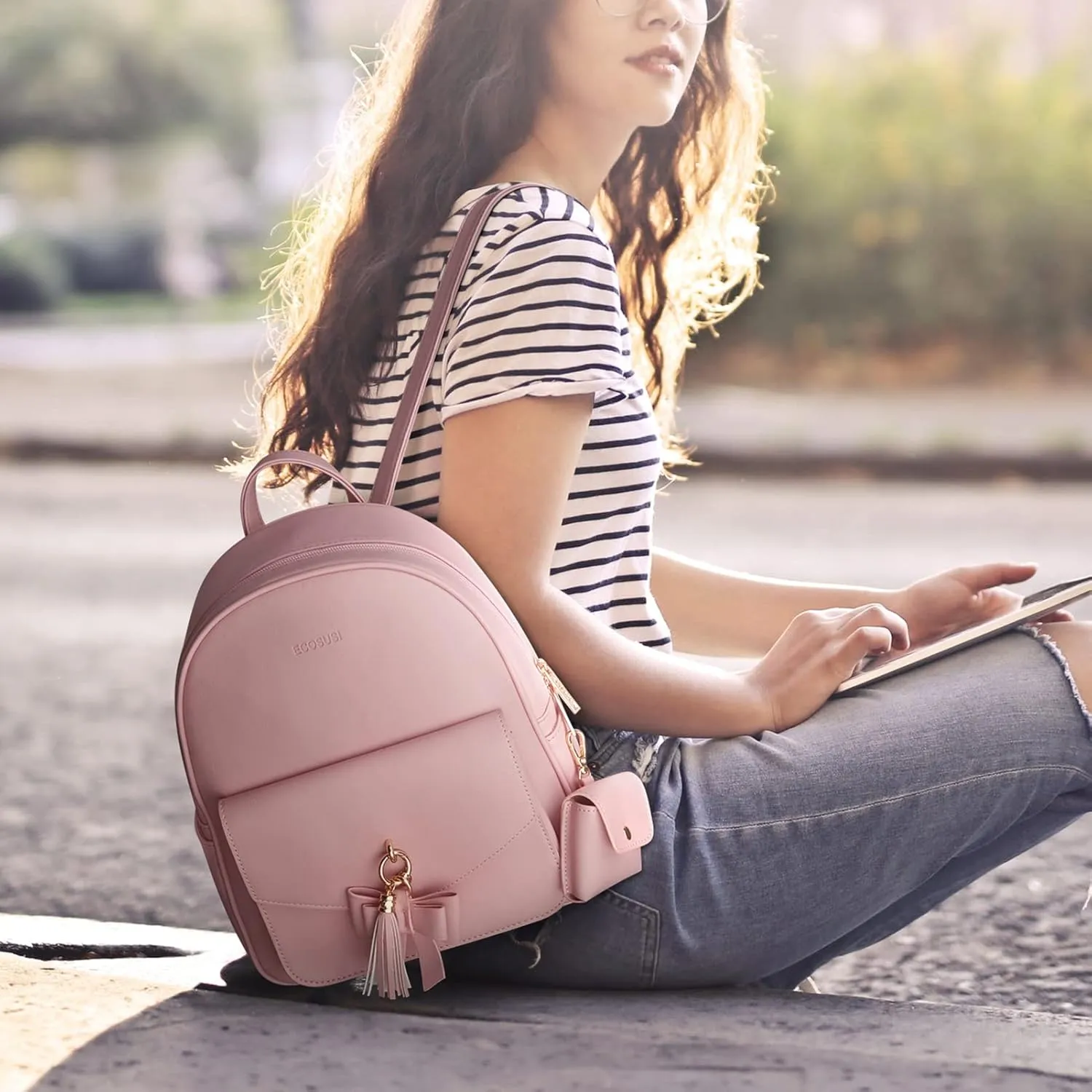 ECOSUSI Women Backpack Purse Water Resistant PU Leather Backpack Fashion Rucksack Ladies College Daypack with Tassel,2 Pcs