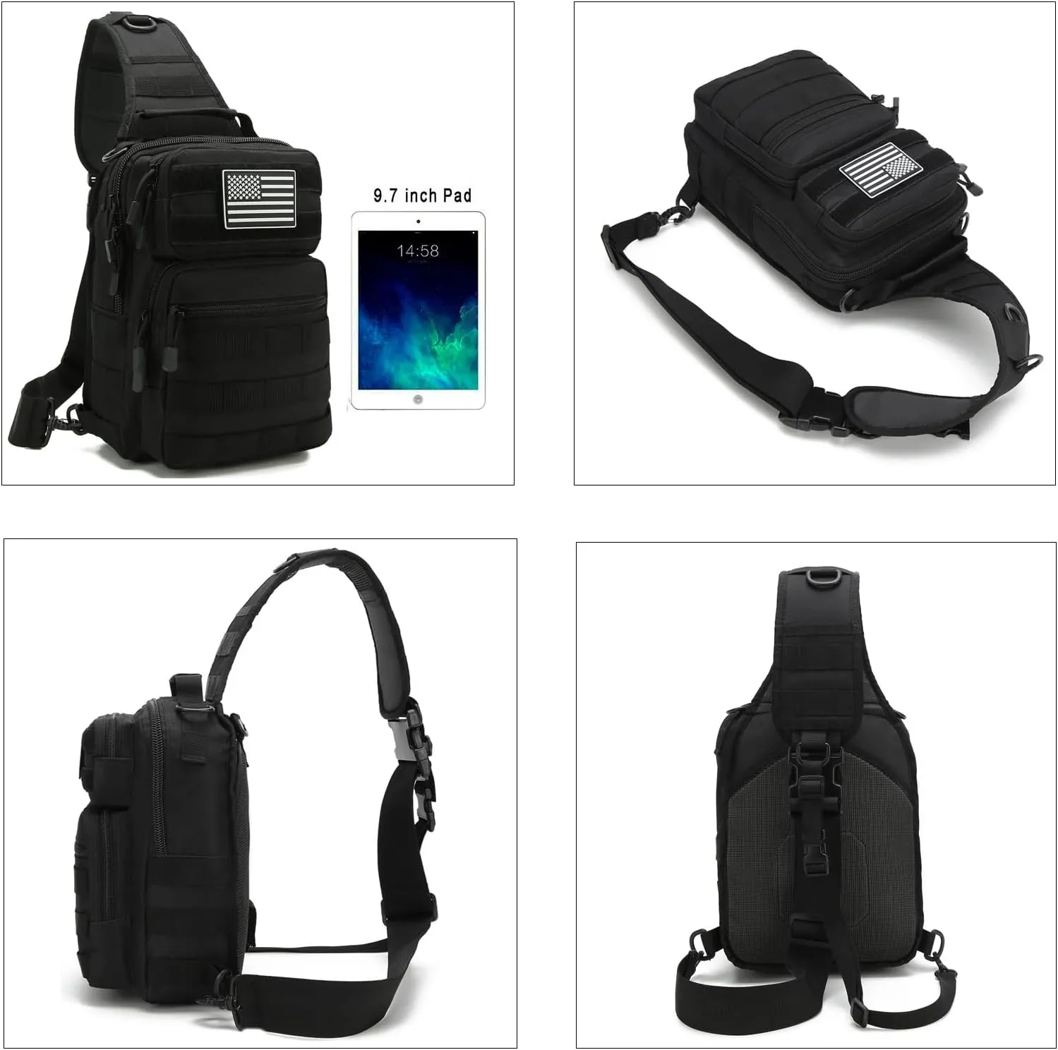 EDC Sling Bag Tactical Shoulder Sling Bag Small Military Crossbody Pack Tactiacal Backpack Rover Chest Bag Pack (Black)
