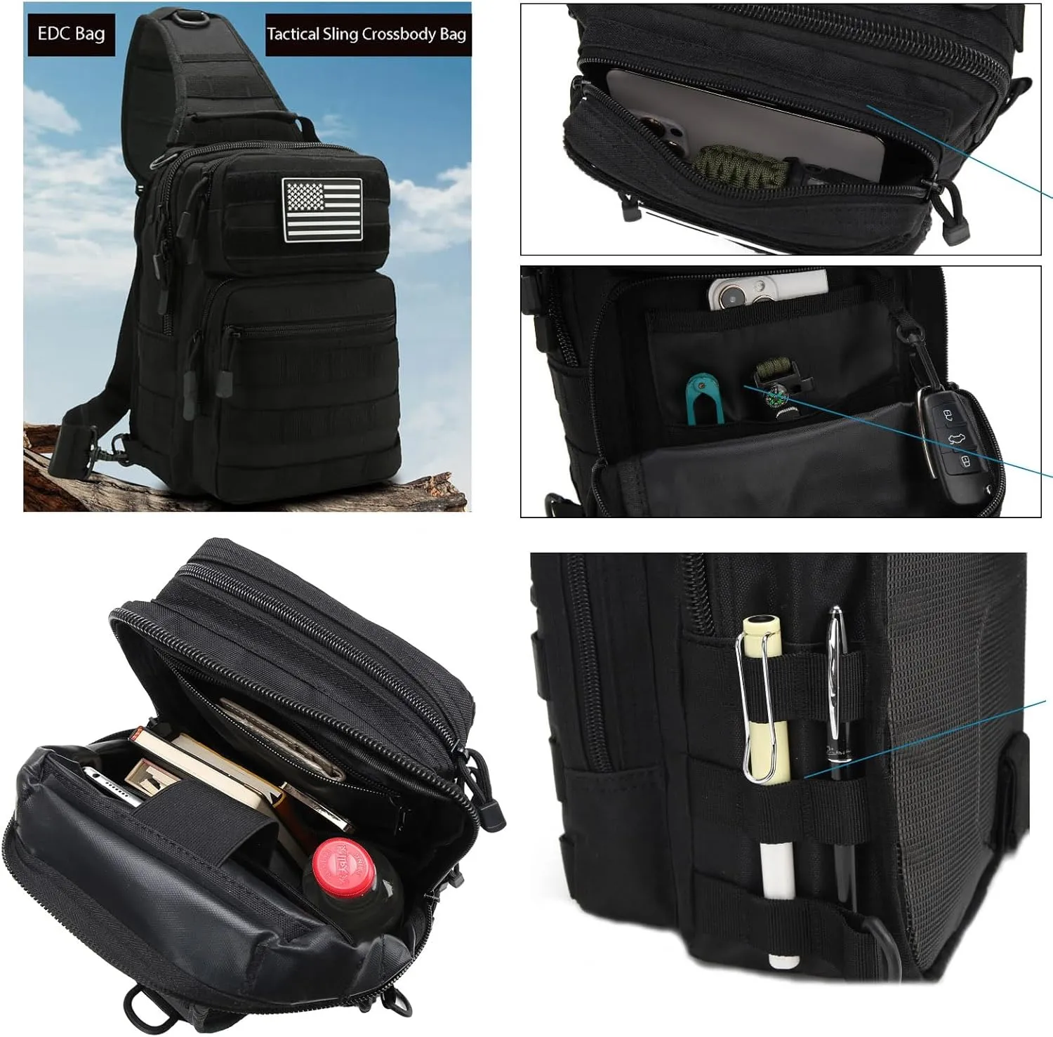 EDC Sling Bag Tactical Shoulder Sling Bag Small Military Crossbody Pack Tactiacal Backpack Rover Chest Bag Pack (Black)