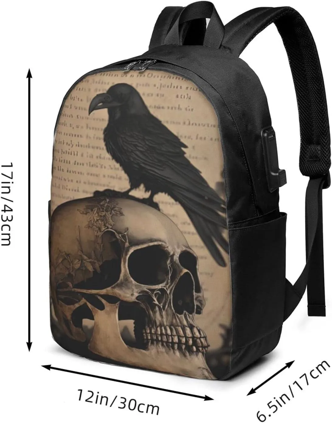 Edgar Allan Poe The Raven Skull Laptop Backpack, Travel Backpack with USB Charging Port, Computer Bag for Men Women