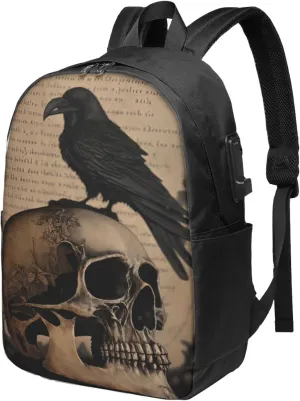 Edgar Allan Poe The Raven Skull Laptop Backpack, Travel Backpack with USB Charging Port, Computer Bag for Men Women